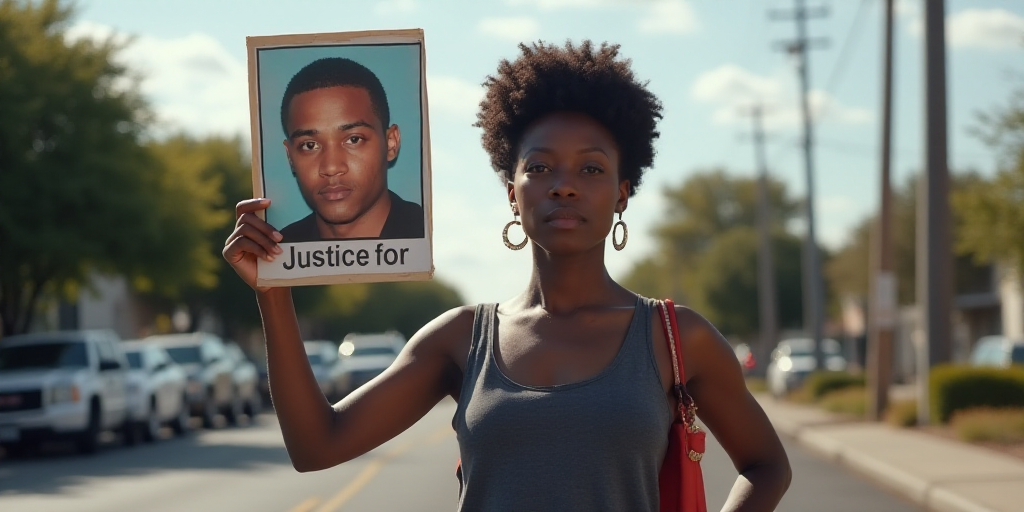 a woman holding up a poster with a picture of a man on it in front of a street with a sign that says