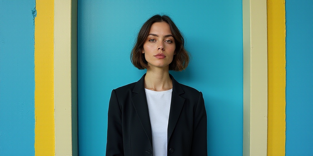 a woman in a black jacket and white shirt is standing in front of a blue background with a yellow bo