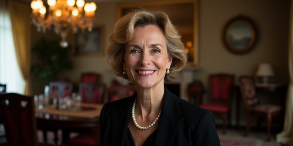 a woman in a black jacket and pearls is smiling for the camera in a formal dining room with a chande