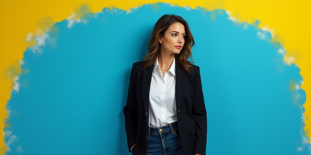 a woman in a black jacket and white shirt is standing in front of a blue background with a yellow bo