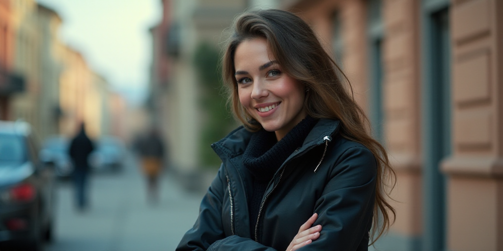 a woman in a black jacket is smiling for the camera with her arms crossed and her hands folded in fr