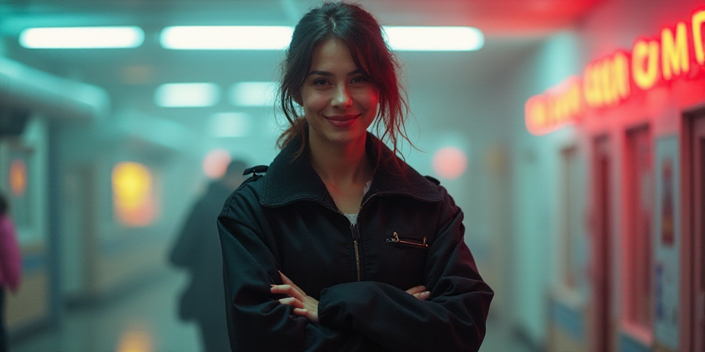 a woman in a black jacket is smiling for the camera with her arms crossed and her hands folded in fr