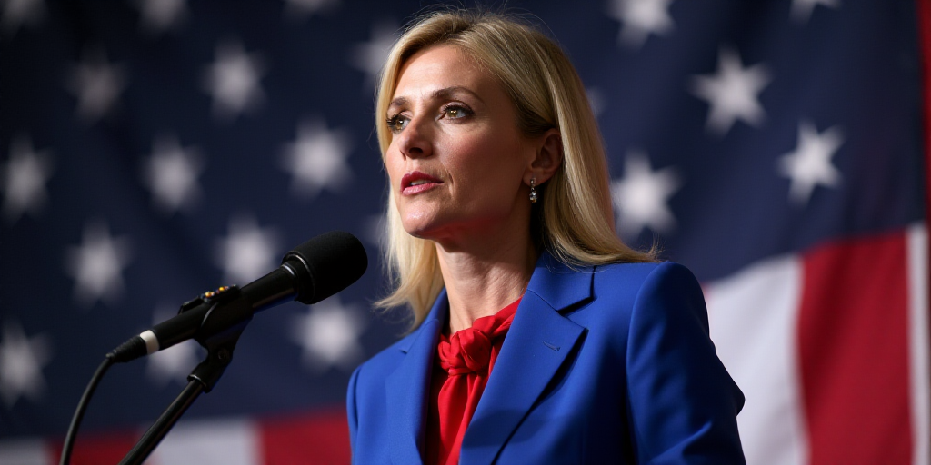a woman in a blue suit and red tie standing in front of a microphone and american flag in the backgr