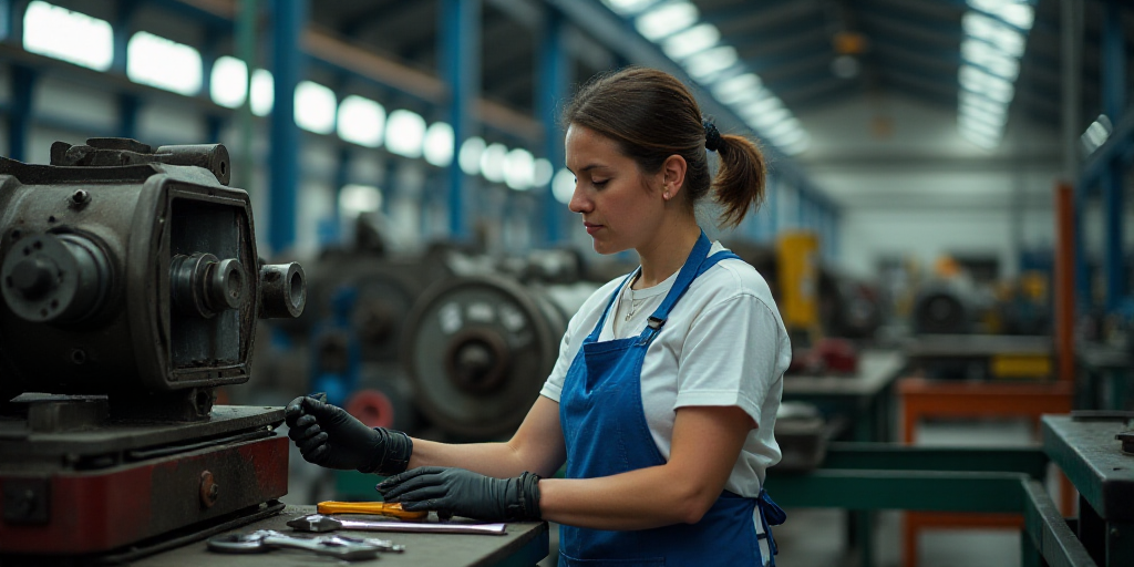 a woman in a factory working on a piece of equipment with a wrench and a tool box in front of her, D