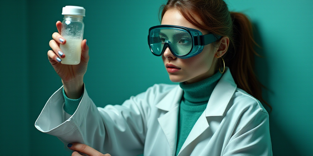 a woman in a lab coat and goggles is holding a pipe and a tube of liquid in her hand, Dahlov Ipcar,