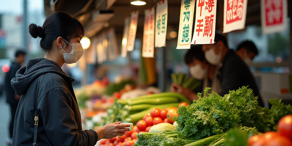 a woman in a mask is shopping for vegetables at a market stall with signs in english and chinese on