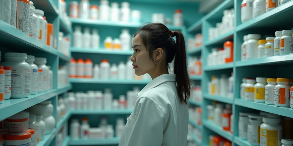 a woman in a pharmacy shop looking at a shelf of medicine bottles and other items on shelving units,