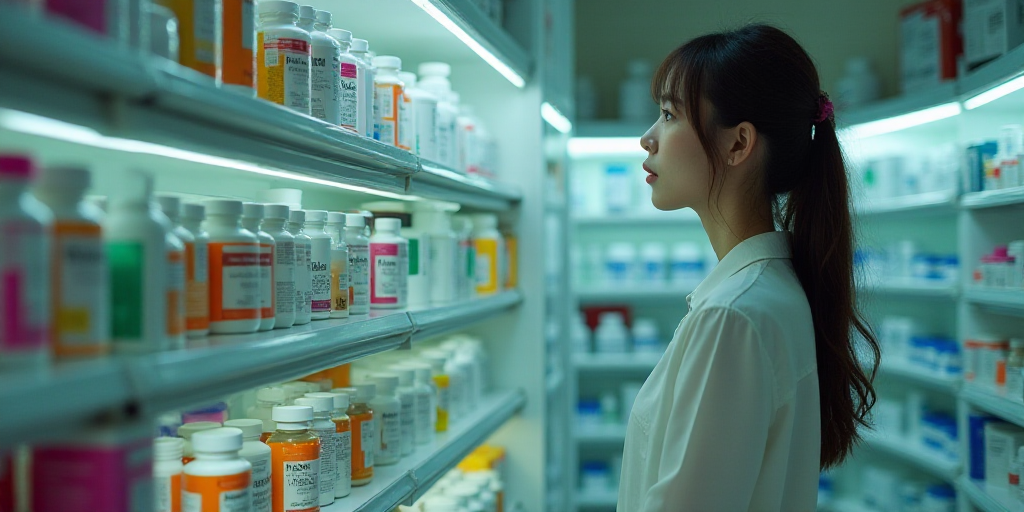 a woman in a pharmacy shop looking at a shelf of medicine bottles and other items on shelving units,