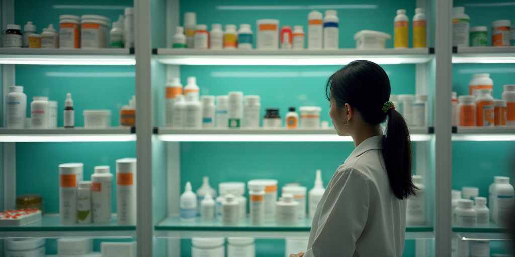 a woman in a pharmacy shop looking at a shelf of medicine bottles and other items on shelving units,
