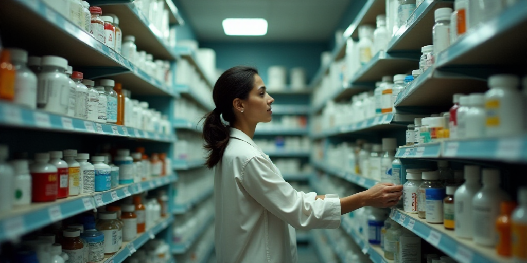 a woman in a pharmacy shop selecting medicine from shelves of medicine bottles and pills on the shel