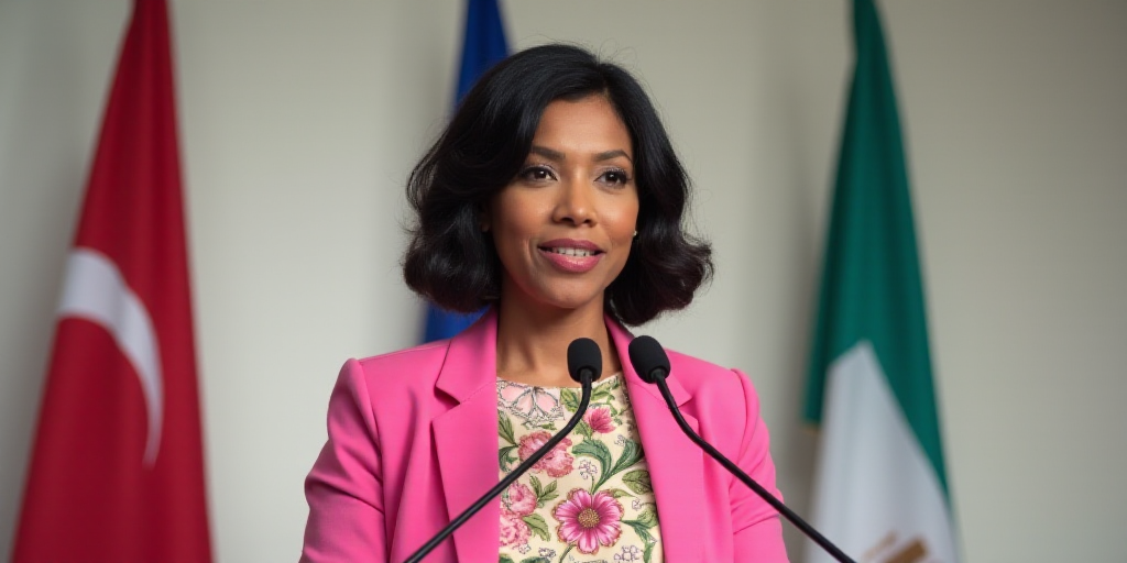 a woman in a pink jacket and floral shirt stands at a podium with a microphone in front of a flag, A