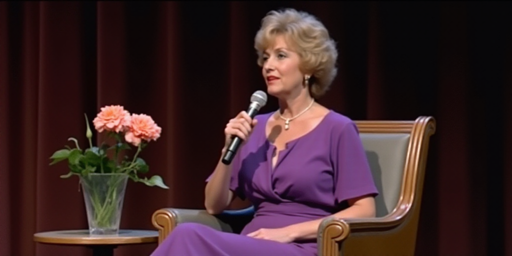 a woman in a purple dress sitting in a chair with a microphone in her hand and a flower in a vase, E