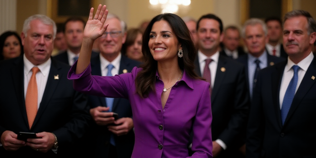 a woman in a purple dress waves to a crowd of people in suits and ties at a political event, Araceli