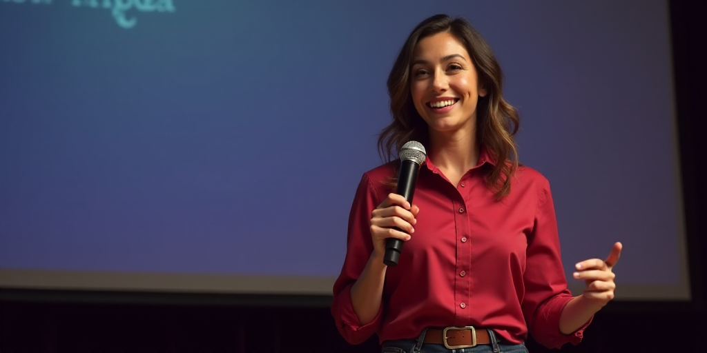 a woman in a red shirt is holding a microphone and smiling at the camera while standing in front of