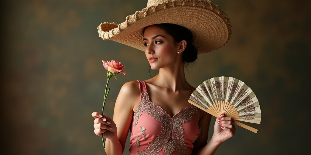 a woman in a sombrero holding a plaque and a flower in her hand and a fan in her other hand, Elina K
