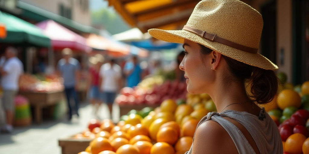 a woman in a straw hat looking at a fruit stand in a market area with people shopping and other prod