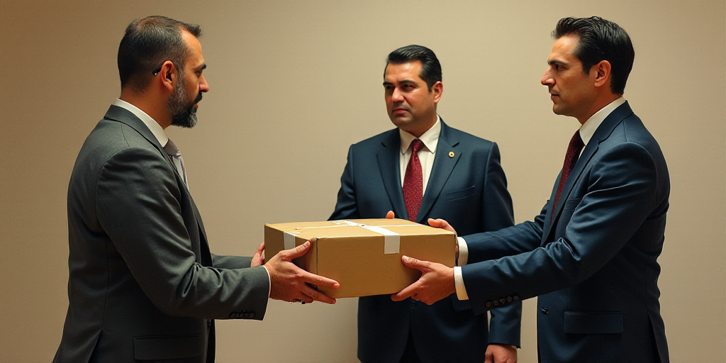a woman in a suit and tie is handing a box to a man in a suit and tie and another man in a suit and