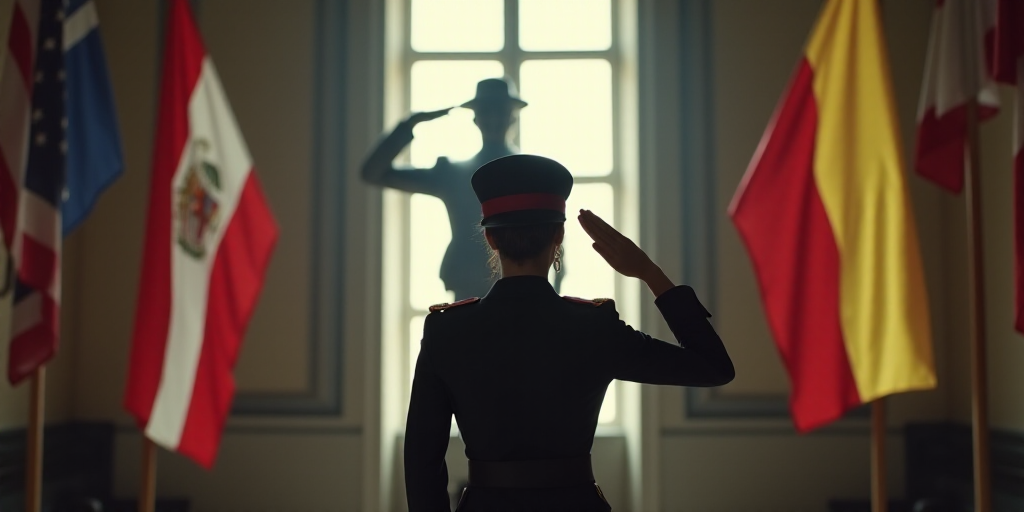a woman in a uniform saluting in front of a window with flags on it and a man in a uniform saluting