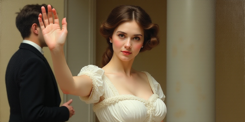 a woman in a white dress waving at the camera with her hand up in the air and a man in the backgroun