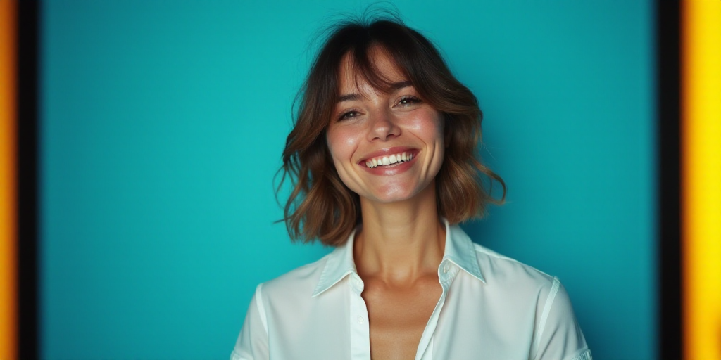 a woman in a white shirt is smiling for the camera with a blue background and a black and yellow bor