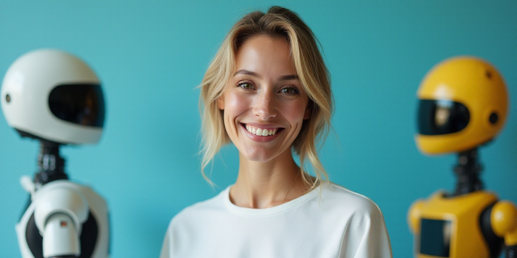 a woman in a white top is smiling for the camera with a blue background and a black and yellow borde