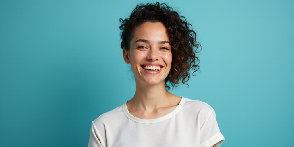 a woman in a white top is smiling for the camera with a blue background and a black and yellow borde