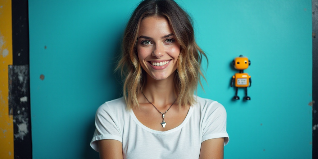 a woman in a white top is smiling for the camera with a blue background and a black and yellow borde