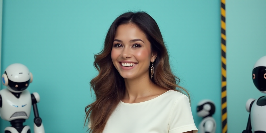 a woman in a white top is smiling for the camera with a blue background and a black and yellow borde