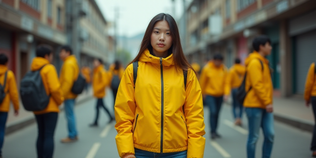 a woman in a yellow jacket is standing on the street with other people in the background wearing yel
