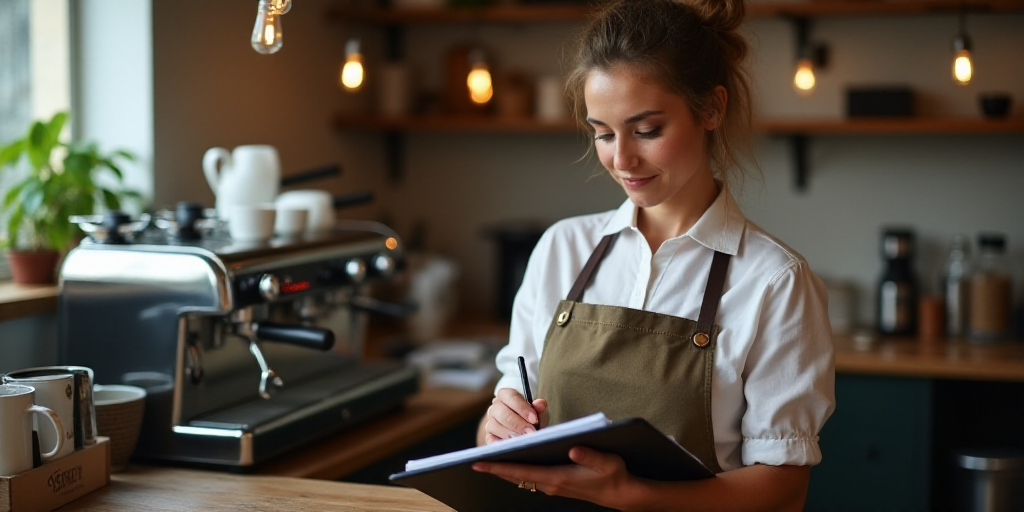 a woman in an apron is writing on a clipboard in a coffee shop with a coffee maker in the background
