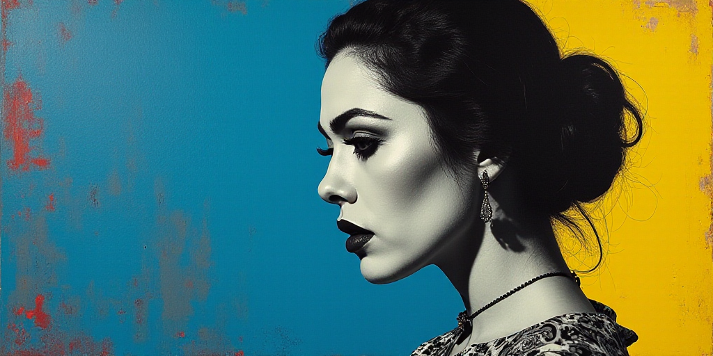 a woman in black and white with a blue background and a blue and yellow background with a black and