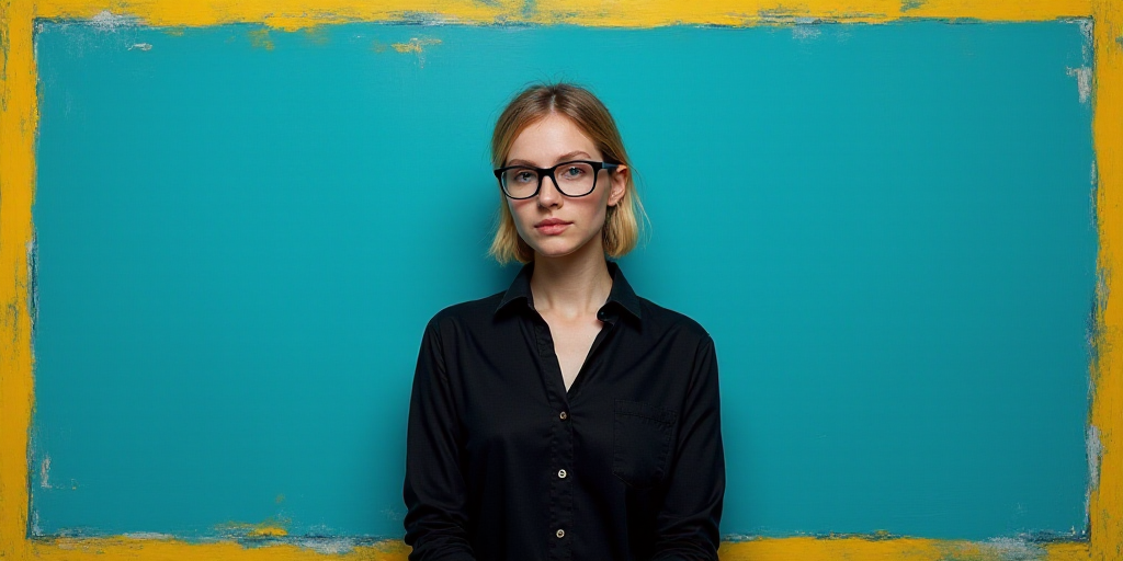 a woman in black shirt and glasses standing in front of a blue background with a yellow border and a