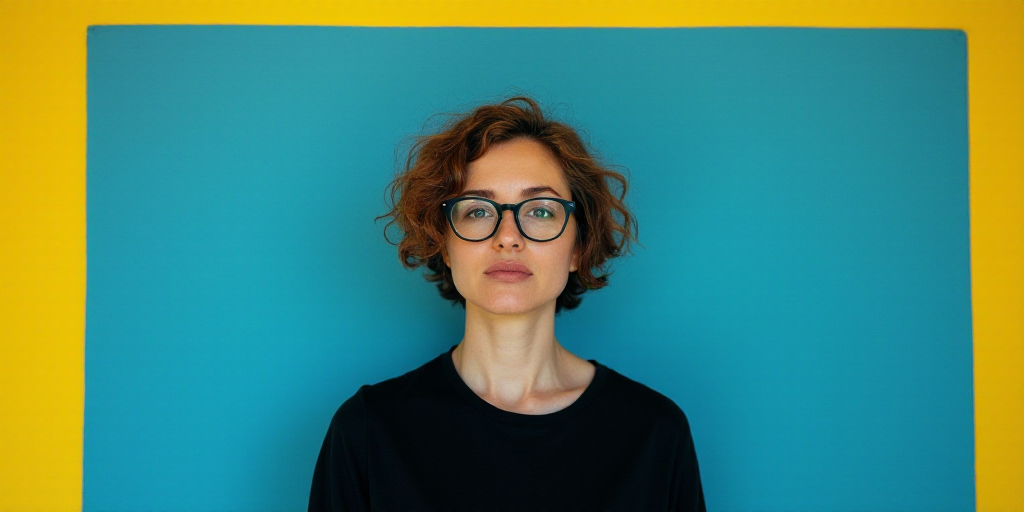 a woman in black shirt and glasses standing in front of a blue background with a yellow border and a