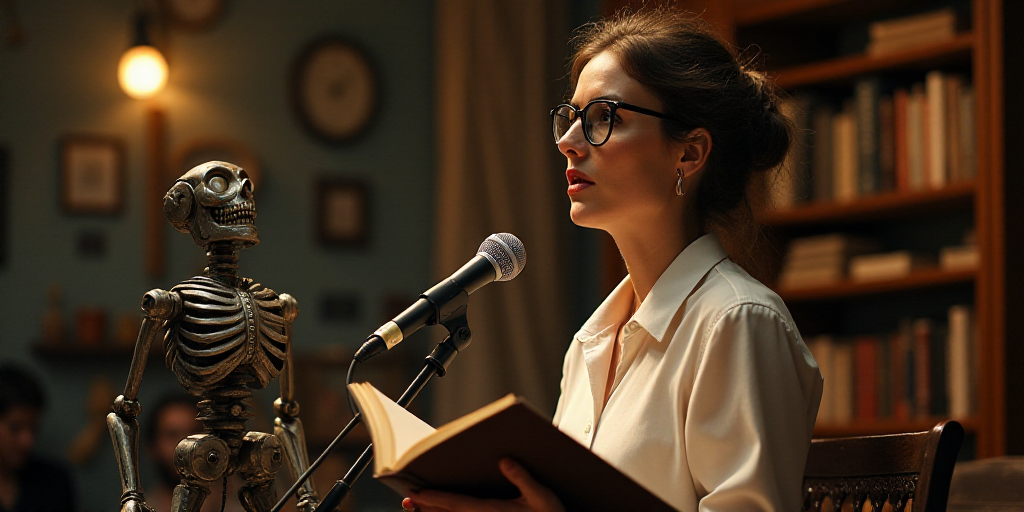 a woman in glasses is speaking into a microphone and holding a book in her hand and a book in her ot