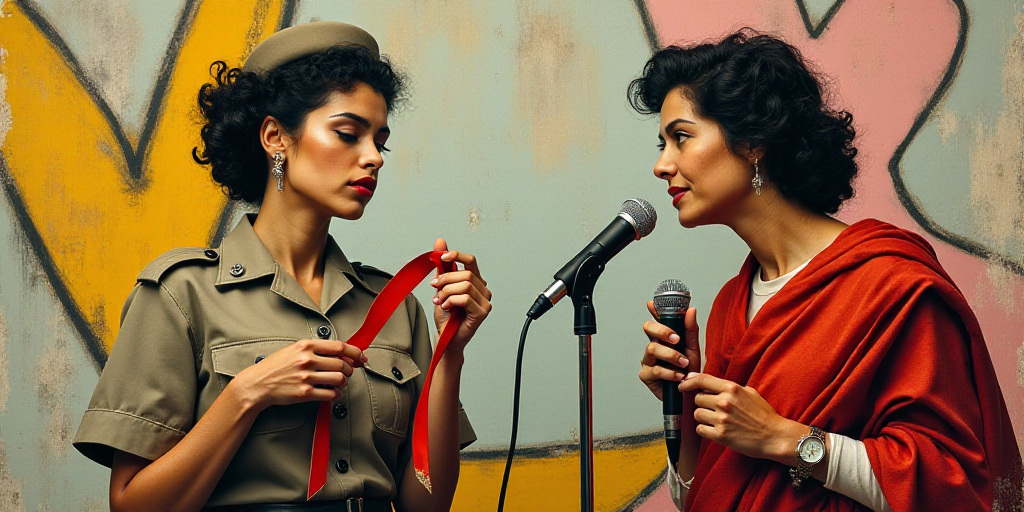 a woman in uniform is holding a ribbon while another woman stands behind her and looks at a micropho