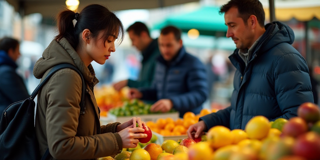 a woman is buying fruit at a market stall with other people looking at it and a man in a blue jacket