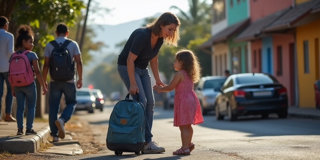 a woman is helping a little girl get her backpack on a street corner while others look on in the bac