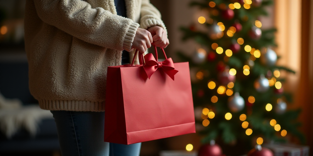 a woman is holding a gift bag in front of a christmas tree and a christmas tree in the background, A