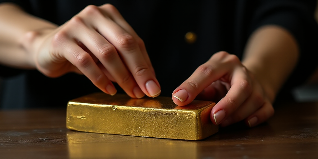 a woman is holding a gold bar in her hand and touching it with her hand, on a table, Avgust Černigo