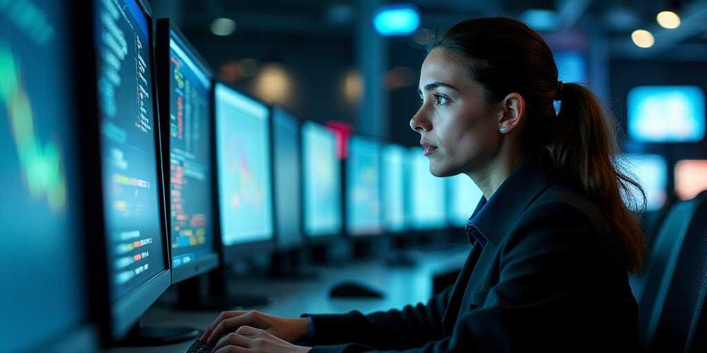 a woman is looking at a computer screen in a room full of monitors and monitors with data on them, A