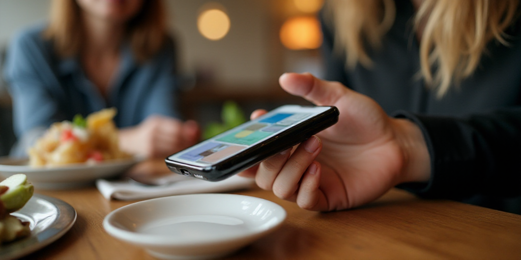 a woman is paying a credit card with a mobile phone in her hand while sitting at a table in a restau