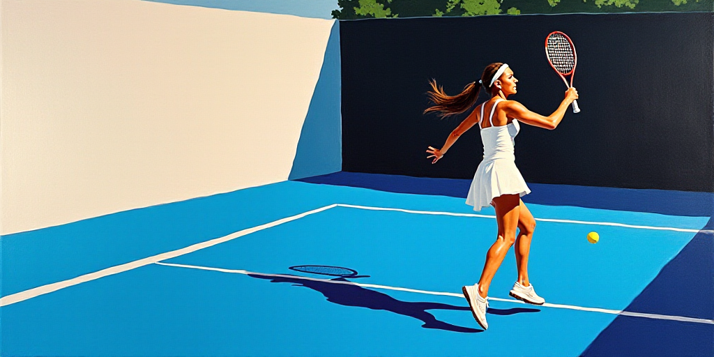 a woman is playing tennis on a blue court with a black and white background and a black and white wa