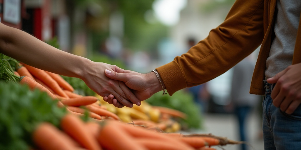 a woman is reaching out to a man's hand at a vegetable stand with carrots and other vegetables, Afew