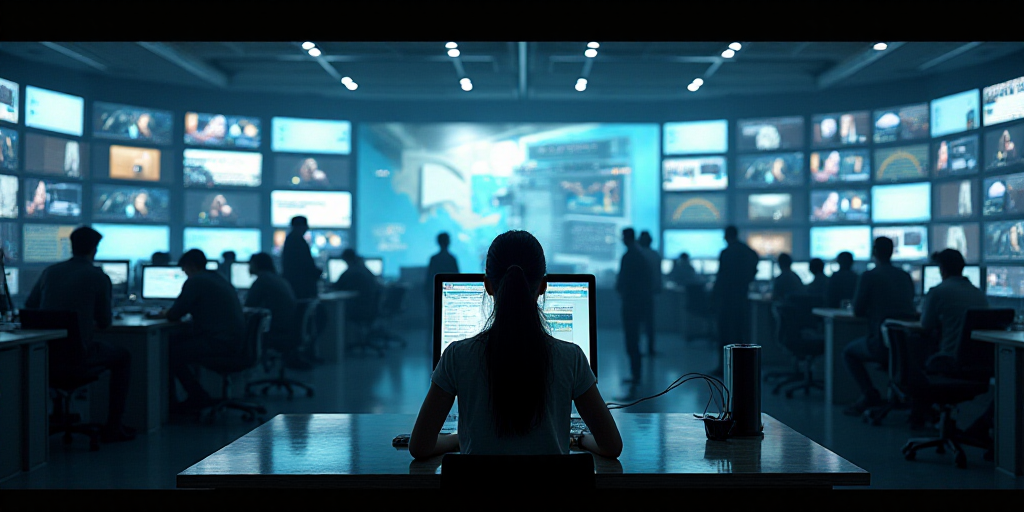 a woman is sitting at a computer in a large room with many screens on the wall and a lot of people s