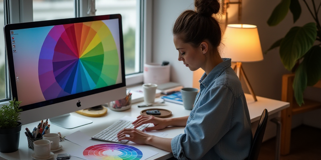 a woman is sitting at a desk with a laptop and color swatches on it and a color wheel, artist, affin