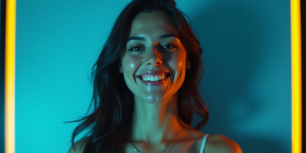a woman is smiling for a picture with a blue background and a yellow border around her is the captio