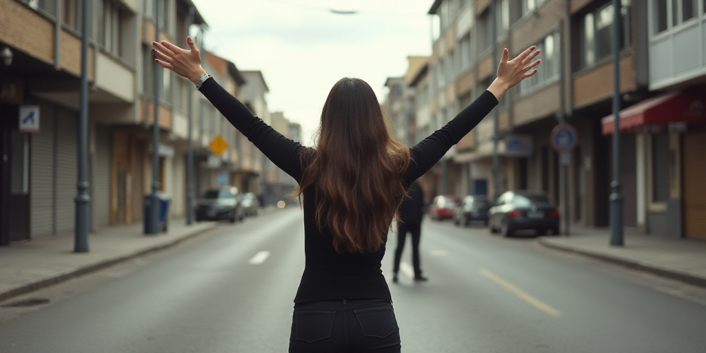 a woman is standing in the middle of a street with her hands up in the air and a man in the backgrou