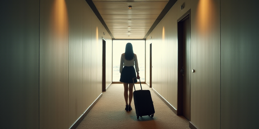 a woman is standing with a rolling suitcase in a hallway of an airport or hotel room with a carpeted