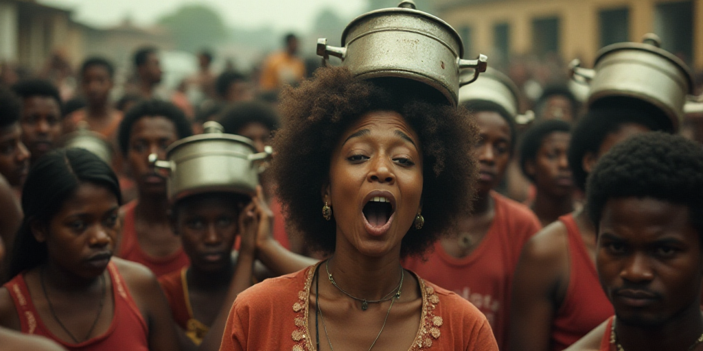 a woman is surrounded by a crowd of people with pots and pans on her head and mouth open, Aya Goda,