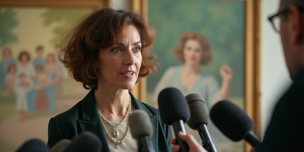 a woman is talking to a group of microphones in a room with a painting on the wall behind her, Barba
